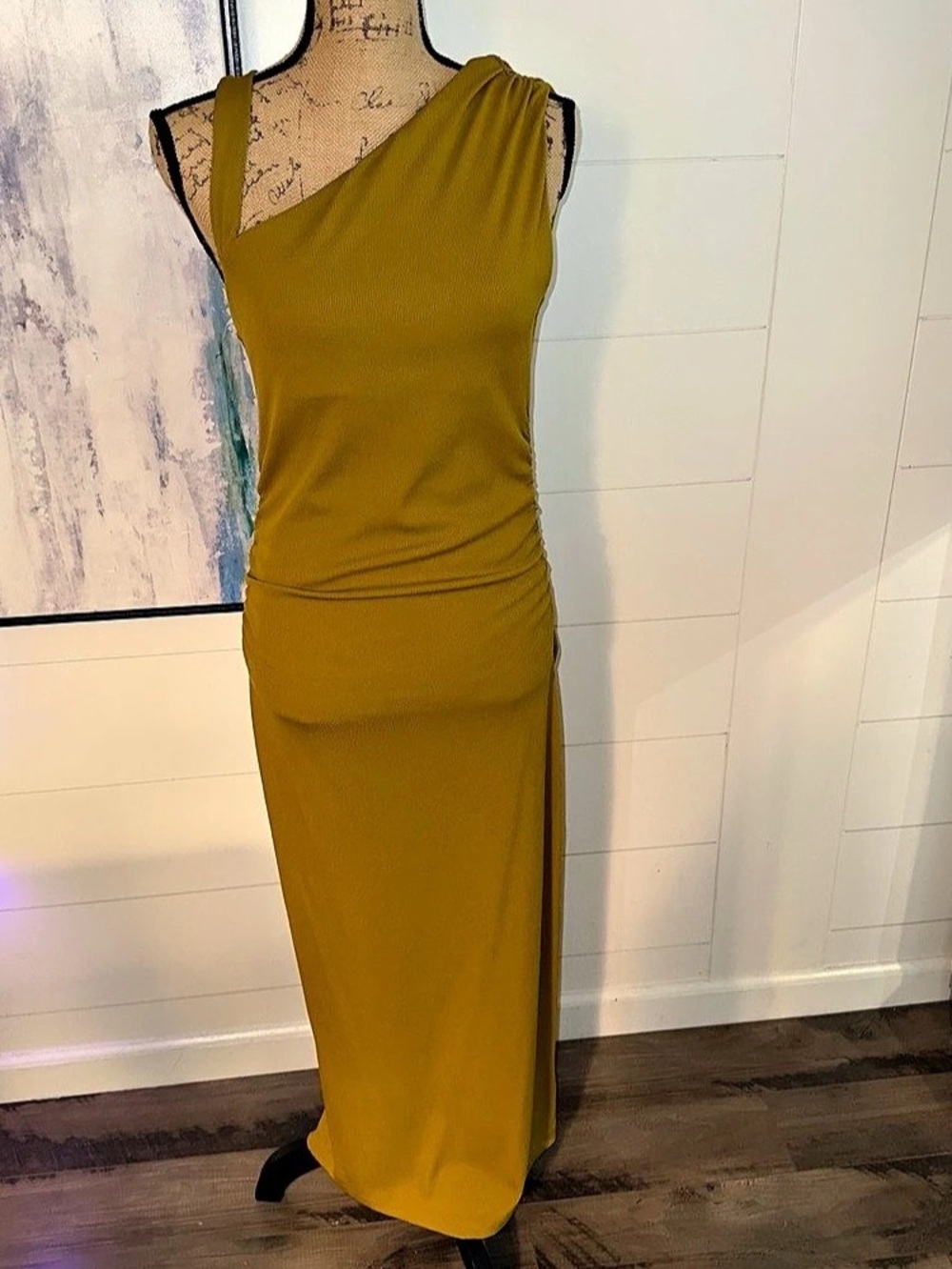 Zara NWT Ruched Maxi Dress Mustard Olive Green Size L